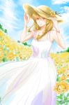  1girl 2020 arms_up bangs blonde_hair blue_sky bracelet brown_eyes cloud collarbone day dress field flower flower_field grin hair_between_eyes hat hat_flower jewelry long_dress long_hair mori_yuki outdoors shiny shiny_hair signature sky sleeveless sleeveless_dress smile solo straw_hat sun_hat sundress uchuu_senkan_yamato uchuu_senkan_yamato_2199 white_dress yellow_flower yellow_headwear yokon2199 