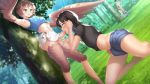  2boys 2girls absurdres black_hair black_shirt blue_eyes blue_hair blue_shorts blue_tank_top blush breasts brown_hair bush calum_(existence) completely_nude english_commentary erection existence feathered_wings feathers fellatio forest futa_with_male futanari game_cg green_eyes hair_between_eyes harpy hetero highres kari_(existence) kneeling lamia looking_at_another looking_up medium_breasts midriff miniskirt monster_girl multicolored_hair multiple_boys multiple_girls nature nude open_mouth oral otoko_no_ko outdoors public scenery shirt short_hair shorts skirt standing streaked_hair sunlight tank_top tree unbuttoned_shorts uosaasou white_skirt wings 