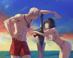  1boy 1girl barefoot beach bikini black_hair breasts cleavage dante_(devil_may_cry) devil_may_cry devil_may_cry_3 facial_scar fingernails hand_on_hip heterochromia lady_(devil_may_cry) leaning_forward looking_at_another male_swimwear muscle nose_scar ocean ozkh6 rebellion_(sword) scar shirtless short_hair smile sunset swim_trunks swimsuit swimwear sword toned weapon white_hair 