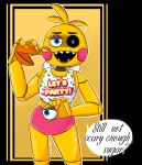  2020 animatronic anthro avian beak bib bird black_sclera blue_eyes chicken clothing english_text eyebrows female fingers five_nights_at_freddy&#039;s five_nights_at_freddy&#039;s_2 galliform gallus_(genus) hair holding_object looking_at_viewer machine open_mouth panties phasianid pink_cheeks robot sharp_teeth slopsa-mind teeth text toy_chica_(fnaf) underwear video_games yellow_body 