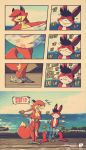  anthro barefoot bottomwear canid canine clothing comic covering duo exhibitionism female footwear fox fox-pop hi_res humor lagomorph leporid male mammal outside public_nudity rabbit seaside shoes shorts 