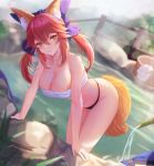  1girl animal_ear_fluff animal_ears bangs bare_shoulders bath bathing blue_bow blush bow breasts bucket cleavage closed_mouth collarbone fate/extra fate_(series) fox_ears fox_girl fox_tail hair_between_eyes hair_bow large_breasts long_hair looking_at_viewer navel onsen pink_hair rock sansan_(dongfangzhong111) sidelocks smile solo steam tail tamamo_(fate)_(all) tamamo_no_mae_(fate) thighs towel twintails wading water wet wooden_bucket yellow_eyes 