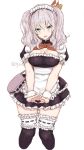  1girl absurdres alternate_costume apron bag bangs black_dress black_legwear blush breasts cleavage dress enmaided frilled_dress frills highres kantai_collection kashima_(kantai_collection) large_breasts long_hair maid maid_headdress open_mouth red_hair ryo_(tg290) shoulder_bag silver_hair simple_background solo thighhighs twintails twitter_username waist_apron wavy_hair white_apron white_background wrist_cuffs 