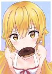  1girl absurdres bangs bare_shoulders blonde_hair blush breasts chocolate_doughnut collarbone doughnut dress eyebrows_visible_through_hair eyelashes food from_above hair_between_eyes happy_birthday highres long_hair looking_at_viewer marinesnow monogatari_(series) mouth_hold oshino_shinobu shiny shiny_hair sidelocks small_breasts solo sundress upper_body white_dress yellow_eyes 