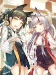  2girls :q animal_ears azur_lane bangs black_hakama brown_eyes cowboy_shot eorx fox_ears fox_tail gohei green_hakama hakama hakama_skirt highres hishaku japanese_clothes kamikaze_(azur_lane) ladle licking_lips long_sleeves looking_at_viewer matsukaze_(azur_lane) multicolored_hair multiple_girls open_mouth red_hair rope shimenawa shrine silver_hair smile streaked_hair tail tongue tongue_out 