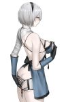  1girl ass bandaged_neck bandages bangs bare_shoulders black_hairband blue_eyes bow breasts butt_crack closed_mouth commentary_request cosplay from_behind gloves hairband hand_on_own_ass highres kaine_(nier) kaine_(nier)_(cosplay) lingerie medium_breasts negligee nier_(series) nier_automata nipples nyatokanyaru pale_skin shiny shiny_hair simple_background solo thighs underwear white_background white_hair yorha_no._2_type_b 