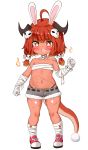  1girl :d absurdres animal_ear_fluff animal_ears bailingxiao_jiu bandaged_arm bandaged_hands bandaged_leg bandages bare_shoulders black_panties blush budget_sarashi bunny_ears clenched_hand collarbone dragon_girl dragon_horns dragon_tail fire full_body fur-trimmed_shorts fur_trim grey_shorts hair_ornament hair_ribbon hand_up highleg highleg_panties highres horns looking_at_viewer low_twintails navel open_mouth original panties pink_ribbon red_eyes red_footwear red_hair red_skin ribbon sarashi sharp_teeth shoes short_shorts shorts simple_background skull-shaped_pupils skull_hair_ornament smile solo standing symbol-shaped_pupils tail teeth twintails underwear white_background 