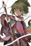  1other adagumo_no_saragimaru androgynous bangs capelet green_hair hair_ornament highres holding holding_spear holding_weapon len&#039;en polearm ponytail red_eyes short_hair short_ponytail shorts silver_yes_yes snake_hair_ornament snake_tail solo spear tail weapon 