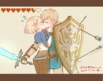  1boy 1girl arrow_(projectile) blonde_hair blush closed_eyes fingerless_gloves gloves hand_on_another&#039;s_chest health_bar hira_(otemoto84) kiss link low_ponytail master_sword pointy_ears ponytail princess_zelda shield short_hair short_ponytail sword the_legend_of_zelda the_legend_of_zelda:_breath_of_the_wild the_legend_of_zelda:_breath_of_the_wild_2 weapon 