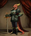  amphibia_(series) amphibian anthro armor badge blonde_hair boots breastplate cape clothing curtains disney eyelashes female footwear hair hand_on_hip hi_res holding_object holding_sword holding_weapon josh_gong long_tail melee_weapon multicolored_body multicolored_scales newt red_body red_scales red_skin salamander_(amphibian) scales shoulder_pads signature solo spots sword two_tone_body two_tone_scales weapon yunnan 