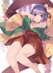  1girl :o armpits arms_up bangs bare_legs barefoot breasts collarbone eyebrows_visible_through_hair floral_print flower foot_out_of_frame hair_flower hair_ornament hand_on_own_cheek haya_taro_pochi hieda_no_akyuu highres japanese_clothes kimono knees_together_feet_apart looking_at_viewer medium_breasts medium_hair open_clothes open_kimono petals pleated_skirt purple_eyes purple_hair red_skirt skirt thighs touhou wide_sleeves wisteria 