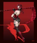  1girl armband ass bare_shoulders black_gloves blood dagger dripping earrings gloves gradient gradient_background high_heels holding holding_scythe holding_weapon jewelry looking_back mask medium_hair mortal_kombat mouth_mask over_shoulder ozkh6 red_eyes red_hair red_theme scabbard scythe shadow sheath sheathed signature single_earring skarlet solo weapon weapon_over_shoulder 