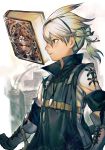  1boy blue_eyes book boots closed_mouth expressionless gauntlets gloves grimoire_weiss hair_ornament hairband hairclip hankuri high_collar katana long_sleeves looking_at_viewer male_focus nier nier_(series) nier_(young) profile short_hair short_ponytail simple_background solo standing sword weapon white_hair 