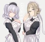  2girls alternate_costume apron bangs black_dress blush breasts brown_hair dated dress enmaided folded_ponytail frilled_apron frills green_eyes grey_background grey_eyes hat highres kantai_collection kashima_(kantai_collection) katori_(kantai_collection) large_breasts long_hair looking_at_viewer maid maid_headdress mob_cap multiple_girls parted_bangs revision rokuwata_tomoe sidelocks signature silver_hair simple_background smile tsurime twintails twitter_username upper_body victorian_maid wavy_hair white_apron 