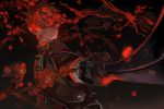  1boy aiming armor bangs black_gloves closed_mouth dark flower from_side frown gloves holding holding_sword holding_weapon japanese_armor koby long_sleeves looking_away looking_to_the_side male_focus ookanehira_(touken_ranbu) outstretched_arm petals red_flower red_hair red_theme solo sword touken_ranbu tree_branch upper_body weapon 