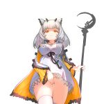  1girl absurdres animal_ears arknights bangs black_bow blush bow breasts bright_pupils closed_mouth coat commentary_request covering covering_crotch cowboy_shot dress eyebrows_visible_through_hair from_below grey_hair highres holding holding_staff impossible_clothes impossible_dress large_breasts long_hair long_sleeves looking_at_viewer looking_down open_clothes open_coat orange_eyes ptilopsis_(arknights) ruanle simple_background solo staff thighhighs upskirt waist_bow white_background white_dress white_legwear white_pupils wide_sleeves 