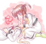  2girls blonde_hair blue_eyes blush brown_hair couple embarrassed fate_testarossa furafura imminent_kiss kneeling lap_pillow long_hair looking_at_another lying lyrical_nanoha mahou_shoujo_lyrical_nanoha mahou_shoujo_lyrical_nanoha_a&#039;s multiple_girls pink_background red_eyes school_uniform short_hair short_twintails simple_background takamachi_nanoha twintails uniform yuri 