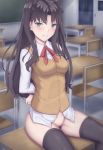  1girl arms_behind_back black_hair black_legwear blush bottomless bound bound_arms breasts brown_vest chair classroom collared_shirt cross_print desk fate/stay_night fate_(series) green_eyes homurahara_academy_uniform indoors long_hair long_sleeves medium_breasts neck_ribbon ohguro_mariya on_desk pubic_hair red_ribbon red_rope ribbon rope school_chair school_desk school_uniform shirt sitting sitting_on_desk solo thighhighs tohsaka_rin two_side_up vest white_shirt 