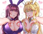  2girls animal_ears artoria_pendragon_(all) artoria_pendragon_(swimsuit_ruler)_(fate) blue_neckwear braid breast_press breasts bunny_ears bunny_girl bunnysuit clothing_cutout covered_nipples detached_collar drooling fake_animal_ears fate/grand_order fate_(series) french_braid gae_bolg heart heart-shaped_pupils large_breasts leotard long_hair looking_at_viewer multiple_girls navel_cutout piercing_bunny purple_hair purple_leotard red_eyes scathach_(fate)_(all) scathach_(fate/grand_order) strapless strapless_leotard symbol-shaped_pupils symmetrical_docking tiara upper_body white_leotard wrist_cuffs yakisobapan_tarou_&amp;_negitoro-ko 