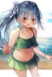  1girl bare_arms bare_legs bare_shoulders beach bikini blush brown_eyes collarbone eyebrows_visible_through_hair feet_out_of_frame frilled_bikini frills green_bikini grey_hair hair_between_eyes hair_ribbon highres kantai_collection kasumi_(kantai_collection) long_hair nanahamu navel ocean open_mouth remodel_(kantai_collection) ribbon side_ponytail solo swimsuit white_ribbon 