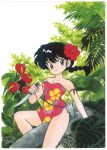  1980s_(style) 1girl arm_strap black_eyes black_hair braid breasts cleavage floral_print flower genderswap genderswap_(mtf) hair_flower hair_ornament hibiscus holding holding_knife jungle knife long_hair looking_at_viewer nakajima_atsuko nature official_art oldschool outdoors ranma-chan ranma_1/2 reverse_grip saotome_ranma seashell shell single_braid smile solo 