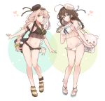  2girls black_clothes black_swimsuit blonde_hair brown_hair commentary_request hair_ornament hair_ribbon hat kantai_collection long_hair multiple_girls ribbon sandals shakemi_(sake_mgmgmg) shigure_(kantai_collection) swimsuit twintails wet wet_clothes white_swimsuit yuudachi_(kantai_collection) 