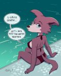  2020 4:5 anthro beastars bikini black_bikini black_clothing black_swimwear blue_eyes breasts brown_body brown_fur butt canid canine canis clothed clothing dialogue distracting_watermark english_text female frown fur gabcruztoons hi_res inviting juno_(beastars) looking_at_viewer looking_back mammal multicolored_body multicolored_fur partially_submerged poolside portrait rear_view signature sitting solo speech_bubble swimming_pool swimwear talking_to_viewer text three-quarter_portrait two_tone_body two_tone_fur water watermark white_body white_fur wolf 