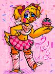  anthro avian beak bird blonde_hair blue_eyes blush chicken claws cupcake eyelashes feathers female fingers five_nights_at_freddy&#039;s five_nights_at_freddy&#039;s_2 food galliform gallus_(genus) glitch_out_the_way_(artist) hair hi_res holding_object makeup navel open_mouth orange_body phasianid pigtails pink_background pink_cheeks simple_background toe_claws toy_chica_(fnaf) video_games yellow_body yellow_feathers 