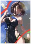  1girl absurdres ahoge aiguillette armlet armpit_crease azur_lane baltimore_(azur_lane) baltimore_(evening_breeze_minuet)_(azur_lane) bangs black_choker black_dress blue_background blue_cape blurry_foreground blush braid breasts brown_hair cape champagne_flute choker cleavage collarbone commentary confetti covered_navel cowboy_shot cup dress drinking_glass evening_gown eyebrows_visible_through_hair french_braid gradient gradient_background grey_background hair_between_eyes highres holding holding_cup large_breasts looking_at_viewer nose_blush open_mouth shakamuni short_hair side_slit sidelocks single_bare_shoulder skindentation solo sparkle standing strapless strapless_dress twitter_username two-tone_cape yellow_eyes 