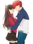  1boy 1girl black_hair blue_eyes blush embarrassed emiya_shirou fate/stay_night fate_(series) hetero highres hug long_hair miniskirt red_hair short_hair skirt thighhighs tohsaka_rin toutou_(fufu0o) twintails two_side_up yellow_eyes 