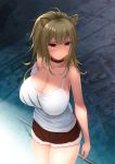  1girl animal_ears arknights bangs bare_arms bare_shoulders black_choker breasts brown_eyes brown_hair brown_shorts choker cleavage collarbone commentary_request cowboy_shot fur-trimmed_shorts fur_trim highres huge_breasts irori_(irorixc) lion_ears long_hair looking_at_viewer short_shorts shorts siege_(arknights) solo standing tank_top thighs white_tank_top 
