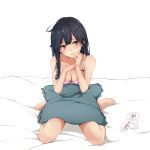  1girl artist_name bare_arms bare_legs bare_shoulders barefoot bed_sheet black_hair blush bra breasts brown_eyes cleavage full_body highres kantai_collection long_hair medium_breasts parted_lips pillow pink_bra rizzl signature simple_background sitting solo underwear underwear_only ushio_(kantai_collection) wariza white_background 