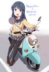  1girl blue_hair character_name ground_vehicle highres long_hair looking_at_viewer maruyo moped motor_vehicle open_mouth purple_eyes school_uniform shima_rin sitting solo vehicle_focus vehicle_name yamaha yamaha_vino yurucamp 