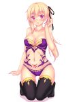  1girl bangs black_legwear blonde_hair breasts corset eyebrows_visible_through_hair gold_trim highres kneeling lisesharte_atismata looking_at_viewer medium_breasts midriff navel nottytiffy open_mouth panties pubic_tattoo purple_eyes purple_panties saijaku_muhai_no_bahamut solo tattoo thighhighs underwear underwear_only 