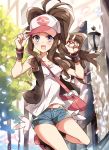  1girl baseball_cap breasts brown_hair cleavage commentary_request denim denim_shorts hat hi_(pontolfo) highres hilda_(pokemon) holding holding_poke_ball long_hair medium_breasts navel poke_ball poke_ball_(basic) pokemon pokemon_(game) pokemon_bw ponytail shorts solo thighs 