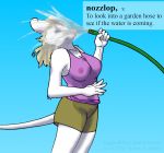  2020 anthro blonde_hair blue_background breasts clothing cybercorn_entropic cynthia_boggs definition female fur hair hose mammal mouse murid murine nipples outside rodent shirt simple_background sky sniglets solo topwear water wet wet_bottomwear wet_clothing wet_shirt wet_topwear white_body white_fur 