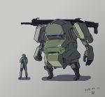 1boy clenched_hand dated grey_background gun highres holstered_weapon jgsdf_type_07_tank_natchin mecha military moi_moi7 open_hand original size_comparison sketch weapon 