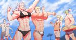  3boys 3girls abs airpro033 alternate_costume arm_up ball bare_shoulders black_hair blonde_hair blue_eyes breasts bulge character_request chest cloud cloudy_sky couple dorohedoro happy hetero highres kaiman_(dorohedoro) long_hair male_swimwear multiple_boys multiple_girls muscle muscular_female nikaidou_(dorohedoro) nipples noi_(dorohedoro) purple_eyes purple_hair red_eyes shin_(dorohedoro) short_hair sky sleeveless spikes stitches stretch striped_briefs swim_briefs swim_trunks swimsuit swimwear thick_thighs thighs white_hair 