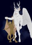  absurd_res anthro antlers balls cervid cervine disney duo feathered_wings feathers flaccid gargoyle gargoyles genitals hi_res horn humanoid_genitalia humanoid_penis lexington_(gargoyles) male male/male mammal membrane_(anatomy) membranous_wings nude penis pubes romantic_couple scalie smagma smile staghart wings 