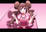  1girl :d bangs breasts brown_hair collarbone commentary_request double_bun dress drill_hair gloves hair_ornament hair_tie hands_up highres long_hair looking_at_viewer miyama-san open_mouth pokemon pokemon_(game) pokemon_bw2 pokestar_studios purple_eyes rosa_(pokemon) short_sleeves sidelocks smile solo tiara tied_hair tongue twin_drills white_gloves 