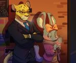  absurd_res accessory aggressive_retsuko anthro beverage beverage_can blush blush_stickers chinchilla chinchillid clothed clothing duo eyewear felid female fur glasses grey_body grey_fur hair_accessory hair_ribbon hi_res hyoudou komoroshi_(artist) leopard male mammal manaka_(aggretsuko) necktie notched_ear pantherine poster ribbons rodent sanrio scarf spots spotted_body spotted_fur suit whiskers yellow_body yellow_fur 
