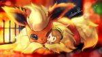  artist_name black_eyes blurry blurry_background chaimo_box character_doll closed_mouth commentary_request doll fire fireplace flareon fur gen_1_pokemon gloria_(pokemon) holding holding_doll indoors lens_flare lying no_humans on_stomach one_eye_closed pokemon pokemon_(creature) signature 