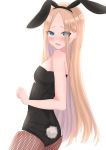  1girl abigail_williams_(fate/grand_order) absurdres animal_ears ass bangs bare_shoulders black_leotard blonde_hair blue_eyes blush breasts bunny_ears bunny_tail bunnysuit doctor_0927 fake_animal_ears fate/grand_order fate_(series) fishnets forehead highres leotard long_hair looking_at_viewer looking_back open_mouth parted_bangs simple_background small_breasts strapless strapless_leotard tail white_background 