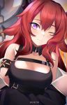  1girl absurdres arknights armband bangs bare_shoulders belt black_belt blush breasts character_name commentary hair_between_eyes highres horns long_hair looking_at_viewer medium_breasts one_eye_closed purple_eyes red_hair solo surtr_(arknights) upper_body wakamepiza 
