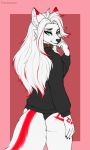  anthro butt canid canine clothed clothing collar female fox fur furasaur hair heterochromia hi_res hoodie long_hair looking_at_viewer looking_back looking_back_at_viewer mammal rilea solo topwear underwear white_body white_fur 