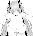  1girl azur_lane blush breasts chixiao cleavage collarbone highres honolulu_(azur_lane) huge_breasts long_hair looking_at_viewer monochrome pov solo sweatdrop twintails very_long_hair 