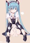  1girl :/ absurdres alternate_costume apron aqua_eyes aqua_hair aqua_nails armor armored_boots bangs beige_background boots breasts collarbone commentary convenient_arm enmaided frilled_apron frills full_body hairband hatsune_miku highres knee_pads knees_up legs_apart long_hair looking_at_viewer maid maid_headdress nail_polish pout puffy_short_sleeves puffy_sleeves short_sleeves sidelocks simple_background sitting small_breasts twintails twitter_username very_long_hair vocaloid waist_apron zeppeki_shoujo 