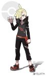  1boy artist_name black_hoodie black_pants blonde_hair capri_pants clenched_hand closed_mouth collarbone commentary_request ear_piercing fingernails full_body gladion_(pokemon) green_eyes hand_up highres long_sleeves male_focus pants piercing poke_ball_symbol pokemon pokemon_(game) pokemon_sm solo teru_zeta torn_clothes torn_pants watermark 