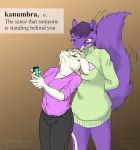  2020 afterliff amethyst_du_sciur annoyed anthro blonde_hair brown_background brown_eyes cellphone cleavage_cutout clothed clothing cybercorn_entropic cynthia_boggs definition duo female fully_clothed fur green_eyes grey_squirrel hair keyhole_turtleneck mammal mouse murid murine phone purple_body purple_fur purple_hair rodent sciurid simple_background sweater tailwag teasing topwear tree_squirrel whiskers white_body white_fur 