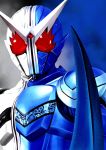  1boy 4ze_meteor armor blue_background close-up highres kamen_rider kamen_rider_double kamen_rider_w looking_down red_eyes solo tokusatsu v-fin white_background 